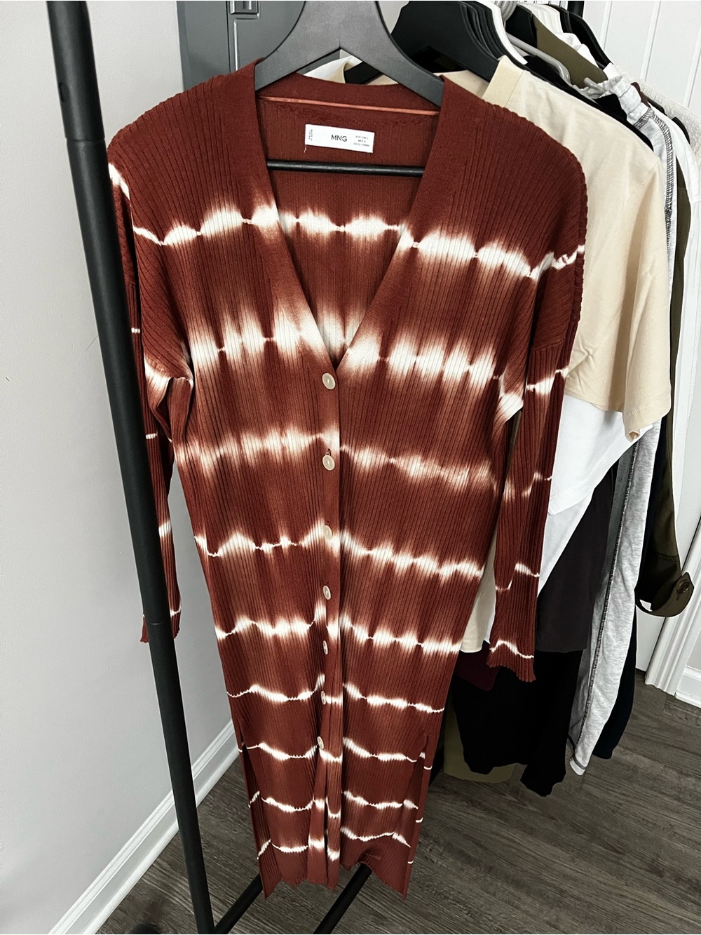 Mango Rust and White Tie-Dye Ribbed Long Cardigan